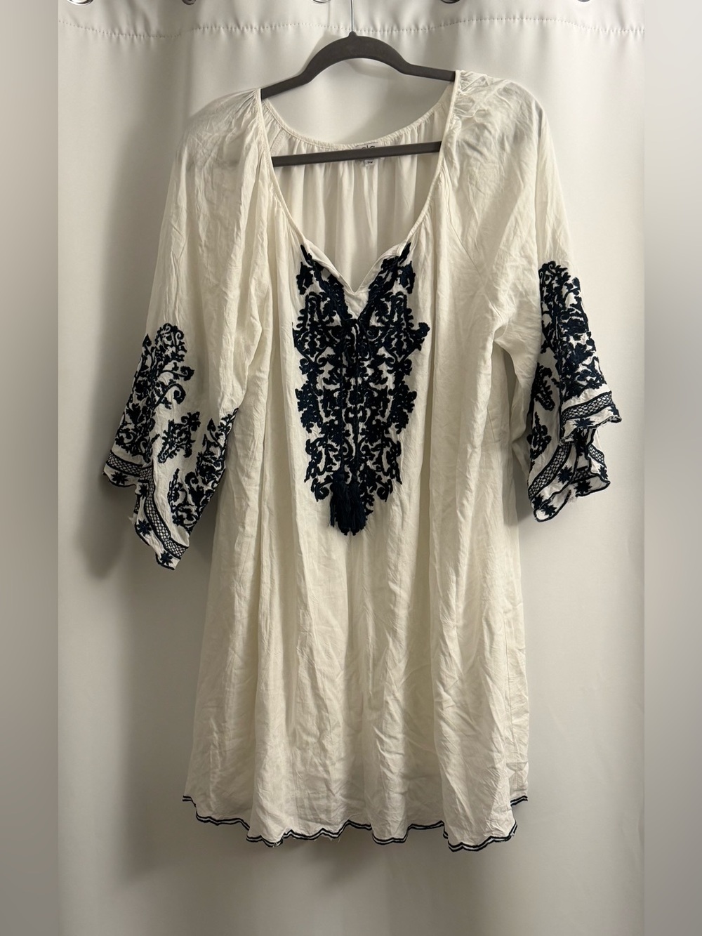 White Boho Tunic with Navy Embroidery